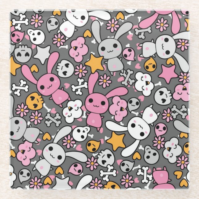 kawaii gray pattern glass coaster (Front)