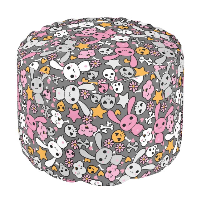 kawaii gray pattern pouf (Angled Front)