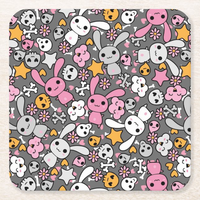 kawaii gray pattern square paper coaster (Front)