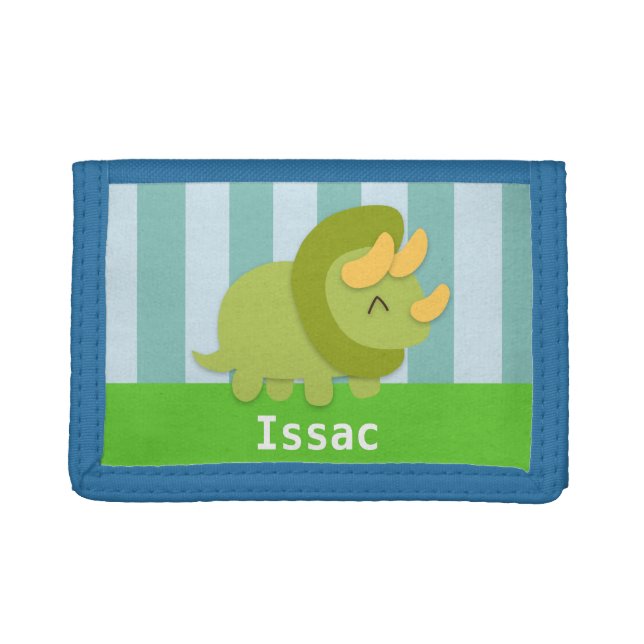 Kawaii green and yellow Triceratops for kids Tri-fold Wallet (Front)