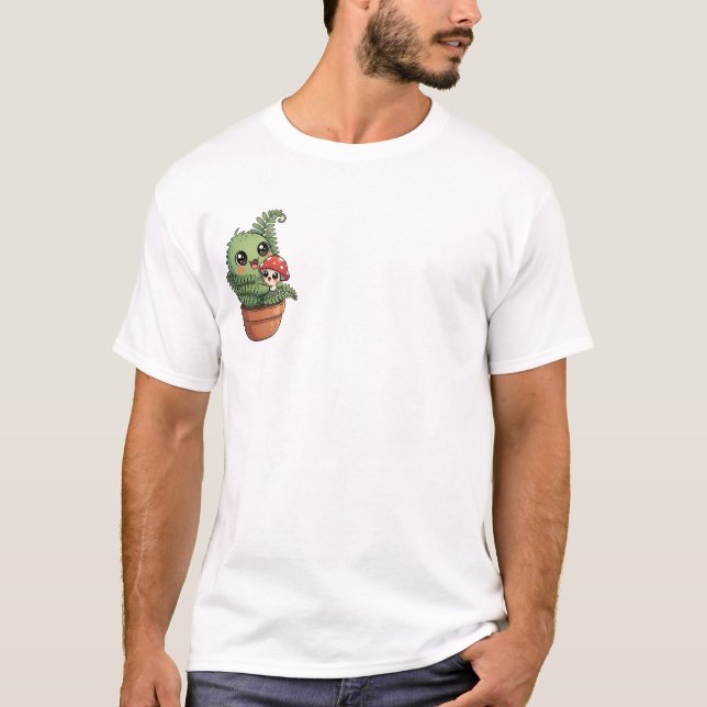Kawaii Green Moss Creature Hugging Little Mushroom T-Shirt (Front)