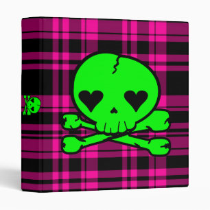 Kawaii Green Skull on Hot Pink Plaid Binder