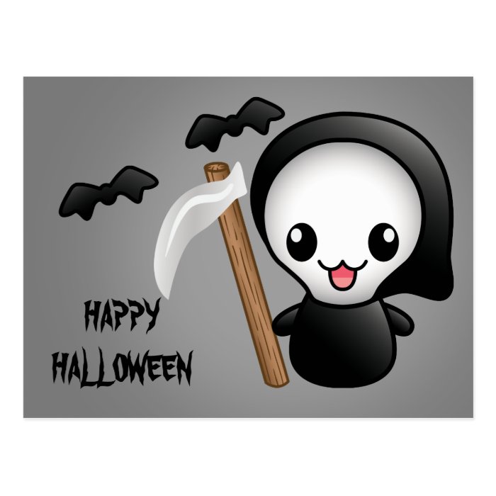 Kawaii Grim Reaper And Text Happy Halloween Post Cards