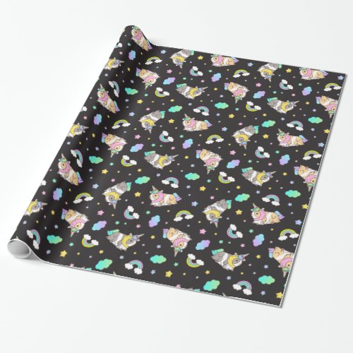 Kawaii Guinea Pig Unicorn Pattern in Black Wrapping Paper