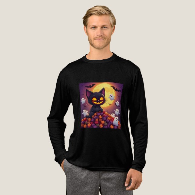 Kawaii Halloween Black Cat Art Tri-Blend Shirt (Full Front)