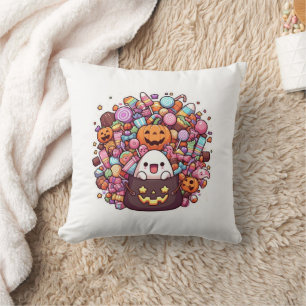 Kawaii Halloween Candy Cute Ghost, Pumpkins Throw Pillow