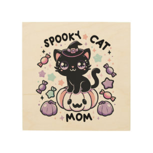Kawaii Halloween Cat – Cute Witch Kitty on Pumpkin Wood Wall Art