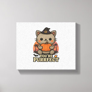 Kawaii Halloween Cat with Pumpkin, Cute Witch Kitt Canvas Print
