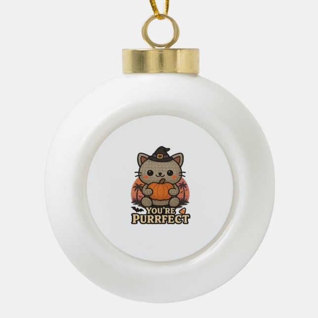 Kawaii Halloween Cat with Pumpkin, Cute Witch Kitt Ceramic Ball Christmas Ornament (Front)