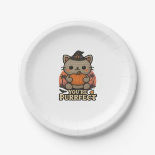 Kawaii Halloween Cat with Pumpkin, Cute Witch Kitt Paper Plates