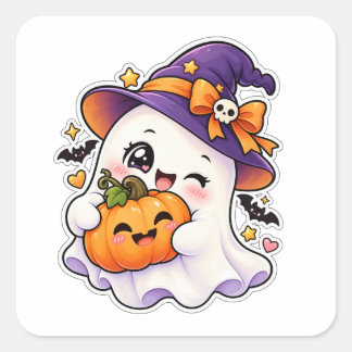 Kawaii Halloween Ghost and Pumpkin Cute Spooky Square Sticker