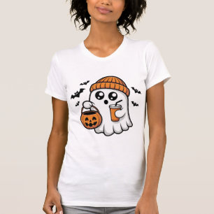 Kawaii Halloween Ghost Orange Beanie Autumn Spirit T-Shirt