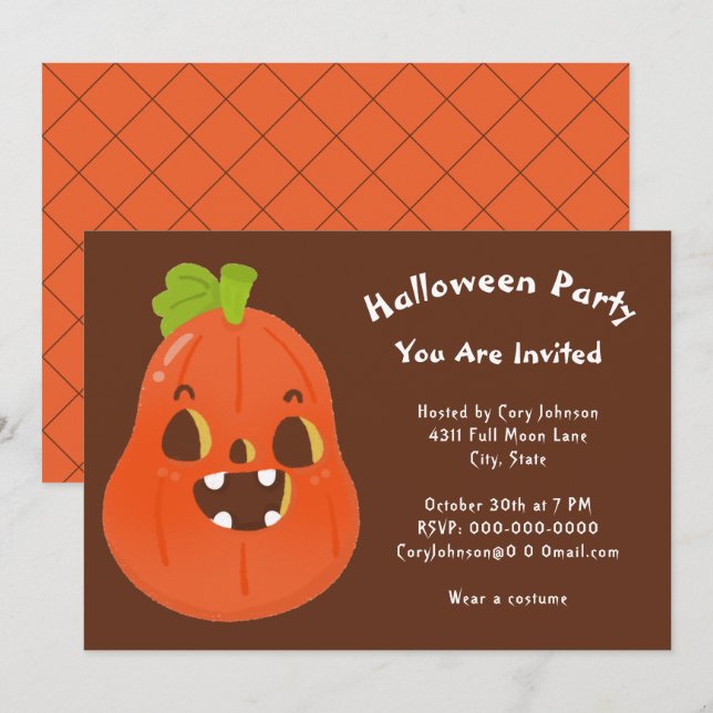 Kawaii Halloween Jack o' Lantern Brown White Party Invitation (Front/Back)