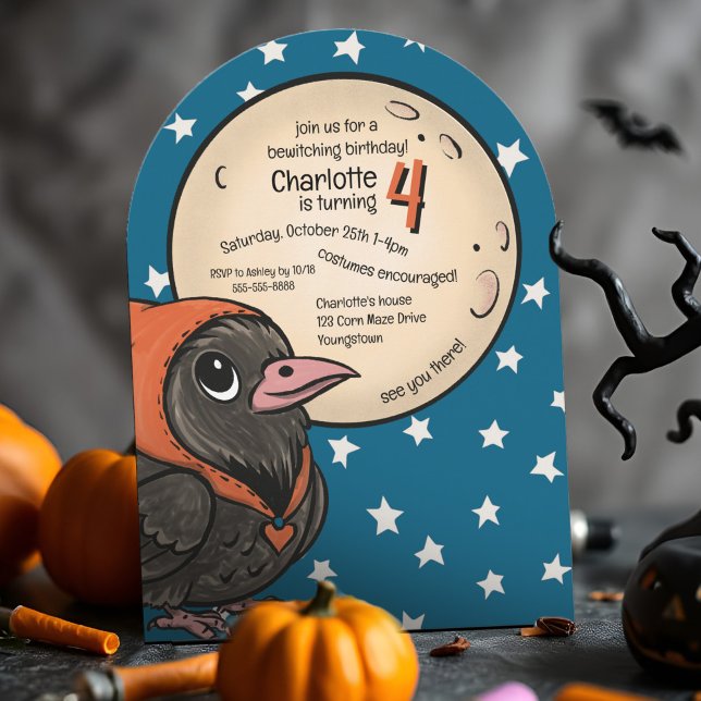 Kawaii Halloween Kids Costume Birthday Raven Moon Invitation (Charming kawaii Halloween birthday invite with a chibi raven, full moon, and whimsical inky design.)