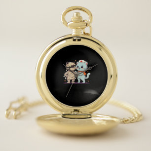 Kawaii Halloween Pals Mummy & Nurse cat Oversized Pocket Watch