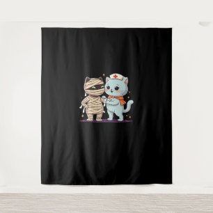Kawaii Halloween Pals Mummy & Nurse cat Oversized Tapestry