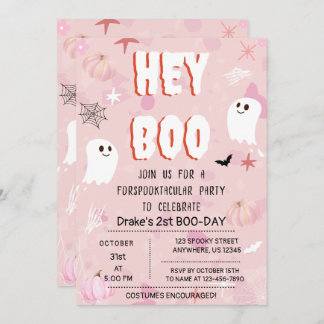 Kawaii Halloween Pink Ghost Birthday Hey Boo Invitation