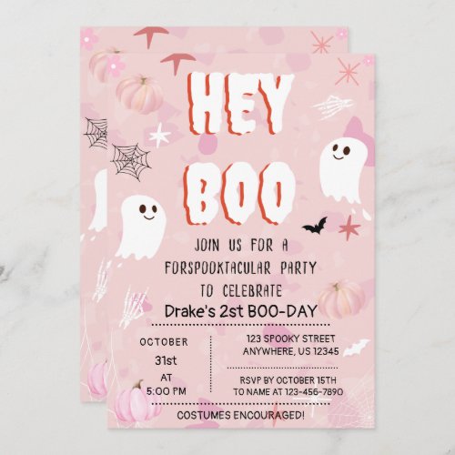 Kawaii Halloween Pink Ghost Birthday Hey Boo Invitation