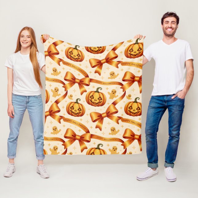 Kawaii Halloween Pumpkin & Bows  Fleece Blanket (In Situ)