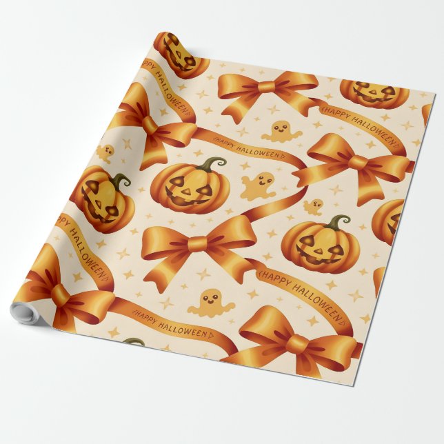 Kawaii Halloween Pumpkin & Bows Gift Wrapping Pape Paper (Unrolled)
