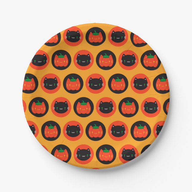 Kawaii Halloween Pumpkin Cats Paper Plates (Front)