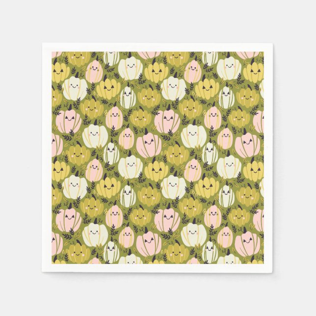 Kawaii Halloween Pumpkins in Pink & Green Napkins (Front)