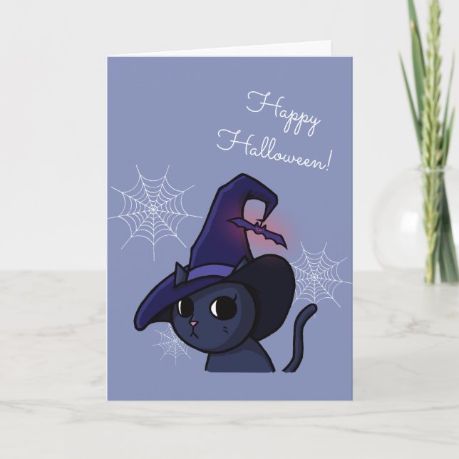 Kawaii Halloween Witch Cat Drawing Card (Front)