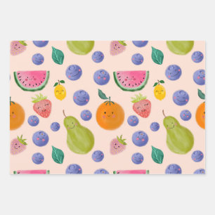 Kawaii Hand-drawn Happy Fruits Wrapping Paper Sheets