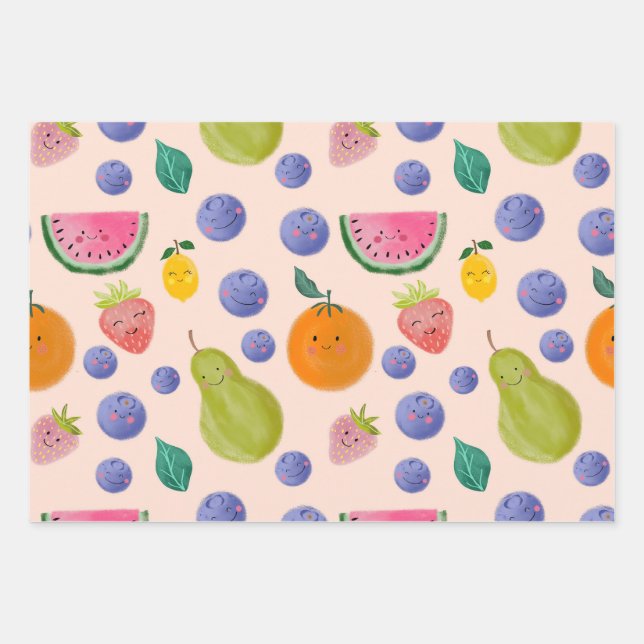 Kawaii Hand-drawn Happy Fruits Wrapping Paper Sheets (Front)