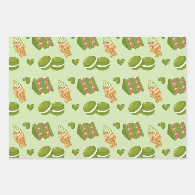 Kawaii Hand-Drawn Matcha Sweets Seamless Pattern Wrapping Paper Sheets (Front)