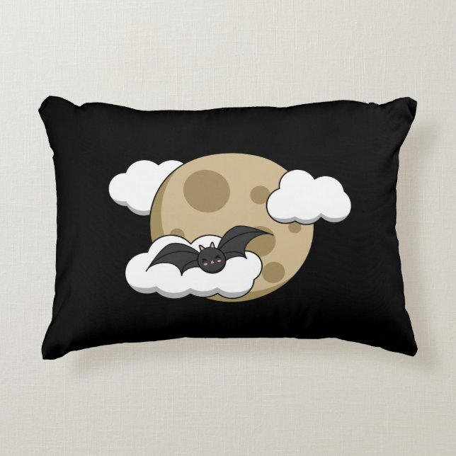 Kawaii Happy Bat Flying on Full Moon Accent Pillow (Front)