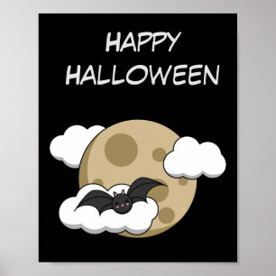 Kawaii Happy Bat Flying on Full Moon   Add Text Poster