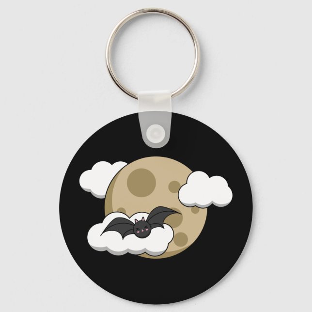 Kawaii Happy Bat Flying on Full Moon Keychain (Front)