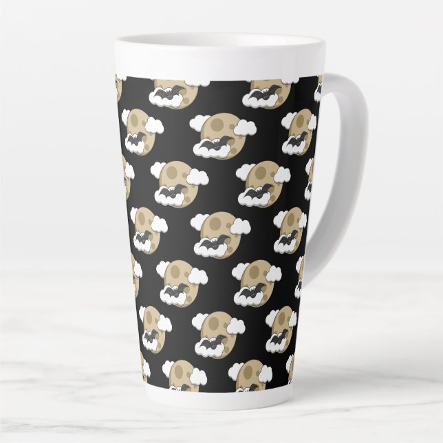Kawaii Happy Bat Flying on Full Moon Pattern Latte Mug (Right Angle)