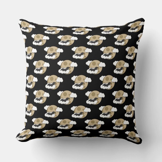 Kawaii Happy Bat Flying on Full Moon Pattern Throw Pillow (Front)