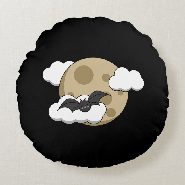 Kawaii Happy Bat Flying on Full Moon Round Pillow (Front)