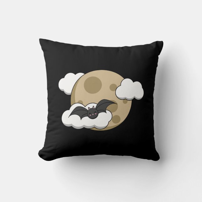 Kawaii Happy Bat Flying on Full Moon Throw Pillow (Front)