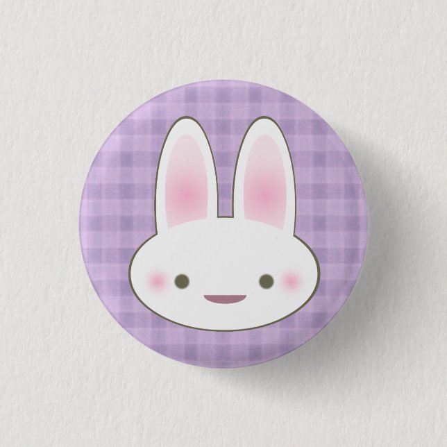 KAWAII HAPPY BUNNY GINGHAM CUTE FACE PINBACK BUTTON (Front)