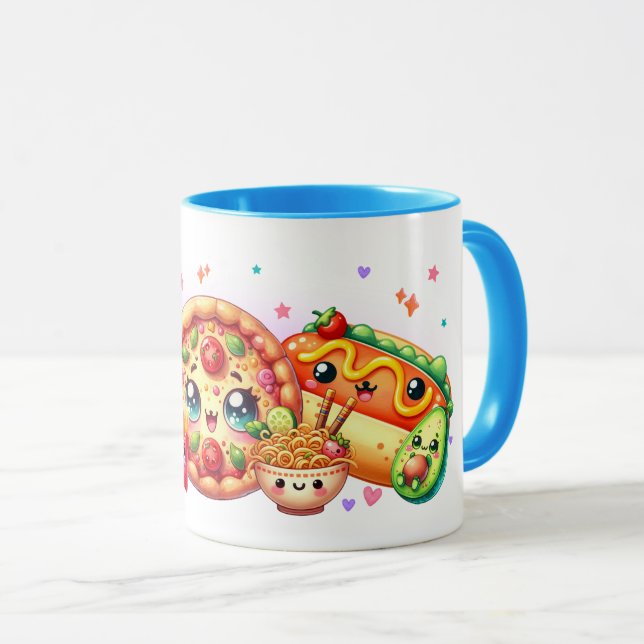 Kawaii Happy Food Cute Burger, Pizza & Hotdog Mug (Front Right)