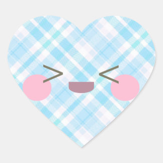 Kawaii Happy Laughing Face Blue Plaid Heart Sticker