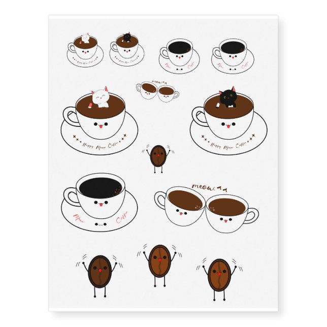Kawaii Happy Meow Coffee Temporary Tattoos (Front)