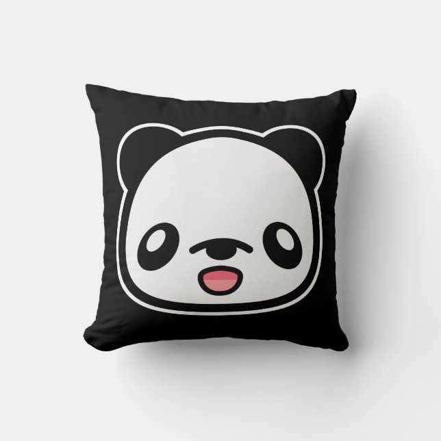 Kawaii Happy Panda On Black Throw Pillow (Front)