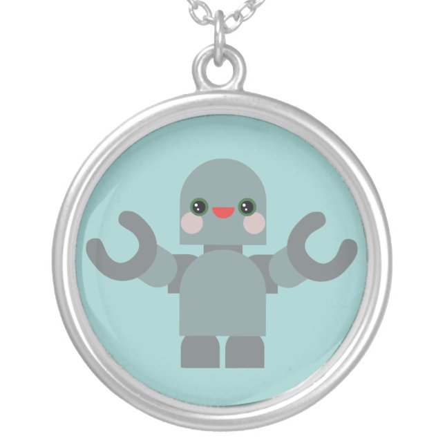 Kawaii Happy Robot Sterling Silver Necklace (Front)