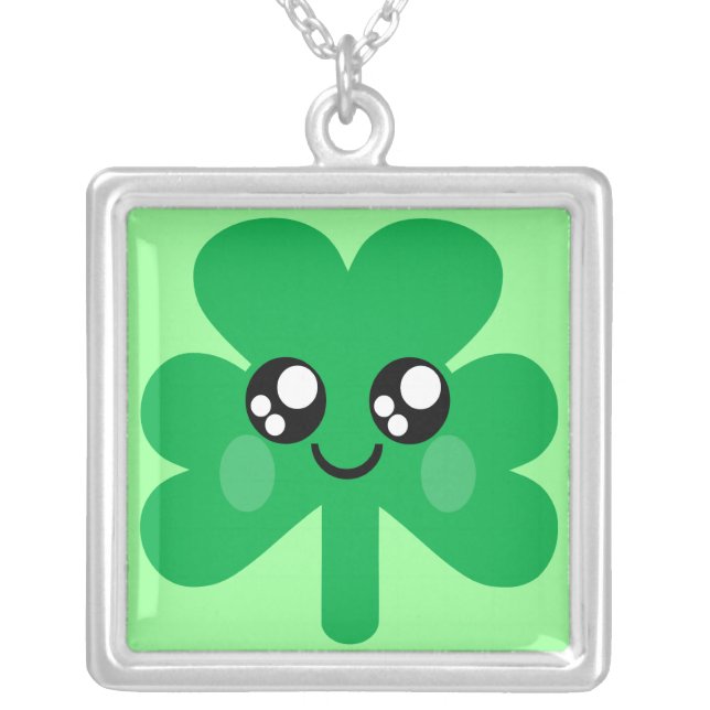 Kawaii Happy Shamrock Silver Plated Necklace (Front)