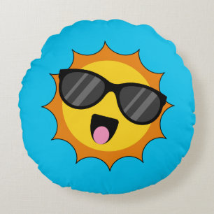 Kawaii Happy Sun with Sunglasses Round Pillow