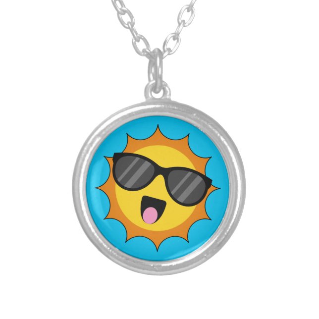 Kawaii Happy Sun with Sunglasses Silver Plated Necklace (Front)