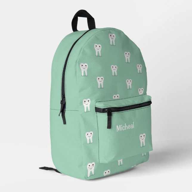 Kawaii happy tooth personalized green printed backpack (Back Corner Left)