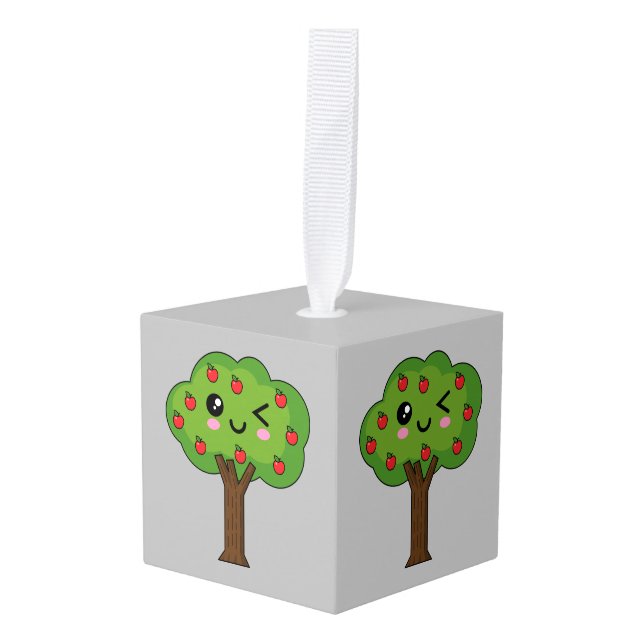 Kawaii Happy Winking Apple Tree Cube Ornament (Front Angled)