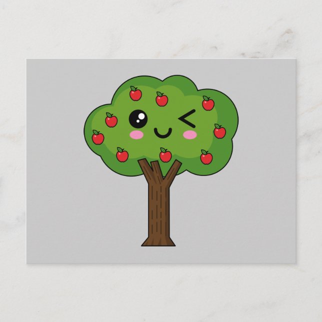 Kawaii Happy Winking Apple Tree Holiday Postcard (Front)