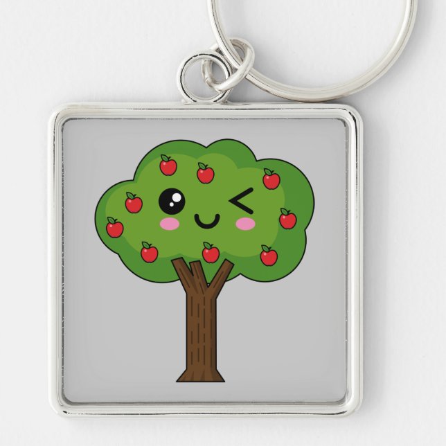 Kawaii Happy Winking Apple Tree Keychain (Front)
